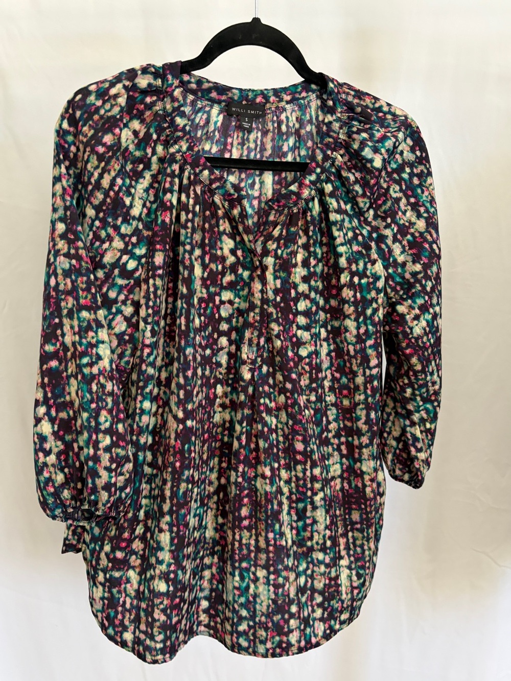 Willi Smith Multi-Color Printed Peasant Blouse - Teal, Purple, Cream